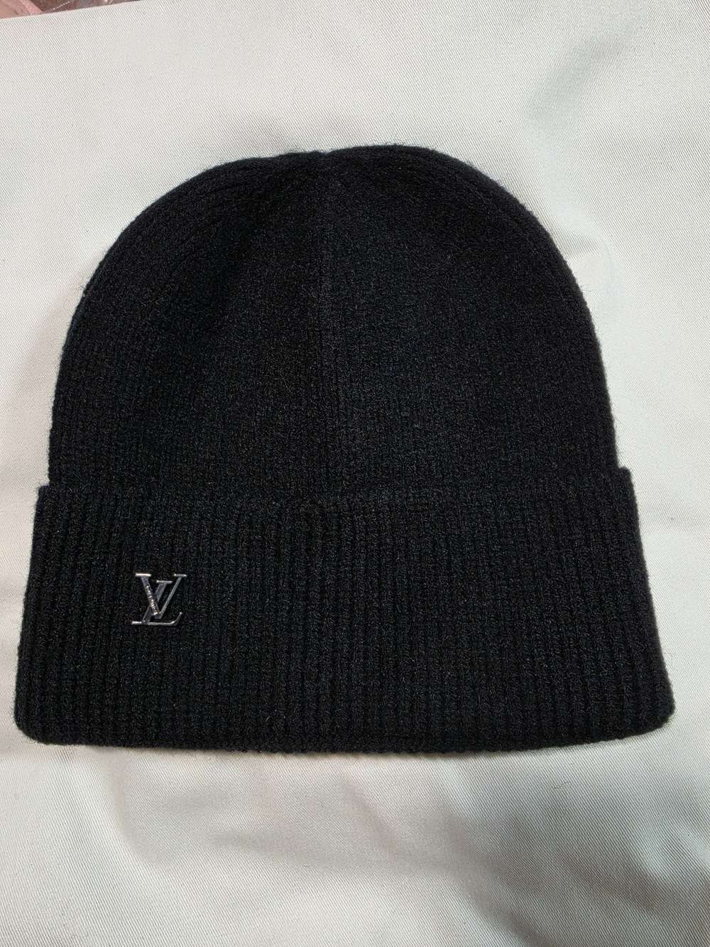 Black Knit Beanie Hat With Black Metal Logo